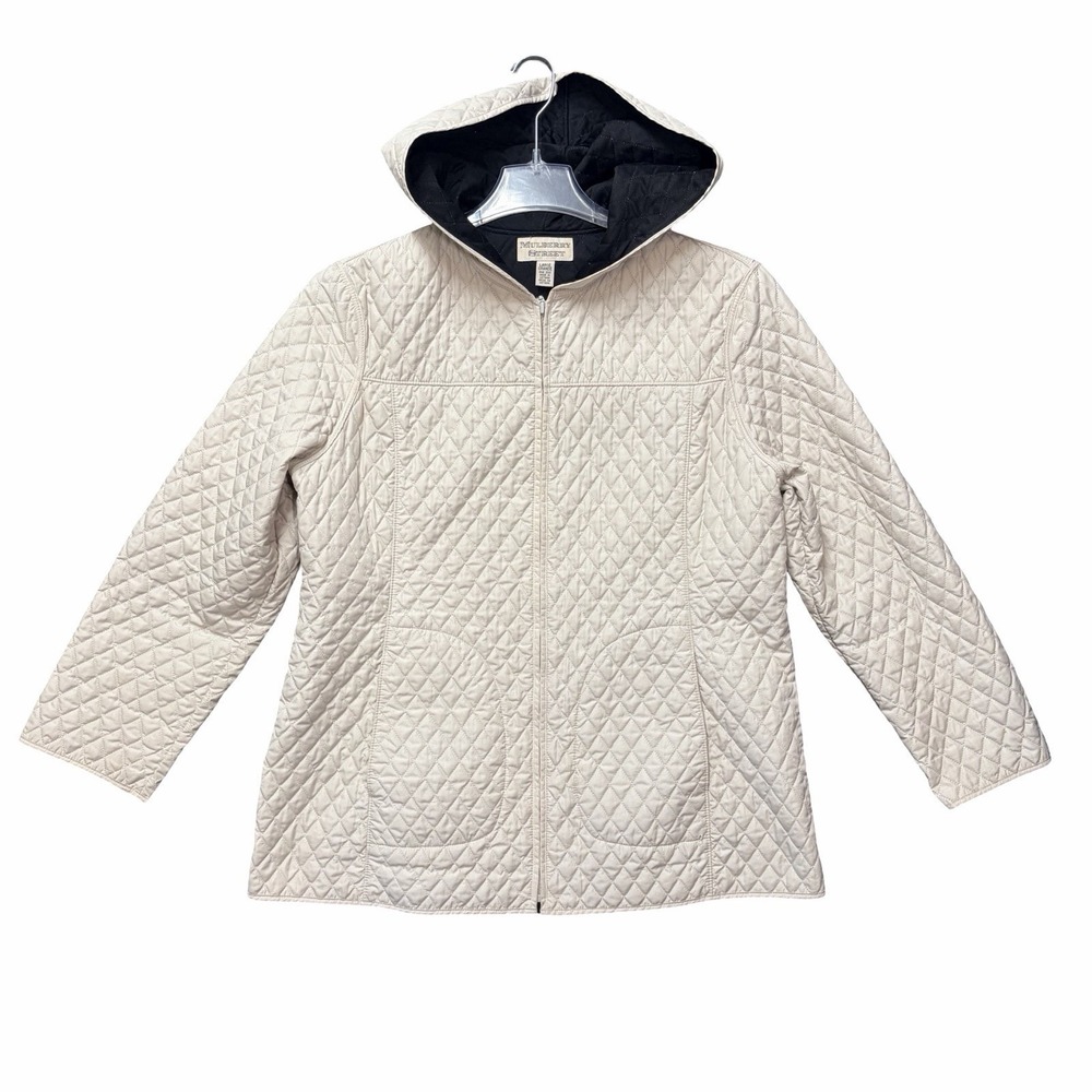 Vintage‎ Mulberry Street Cream Quilted Hooded Spring Jacket Large Lightweight